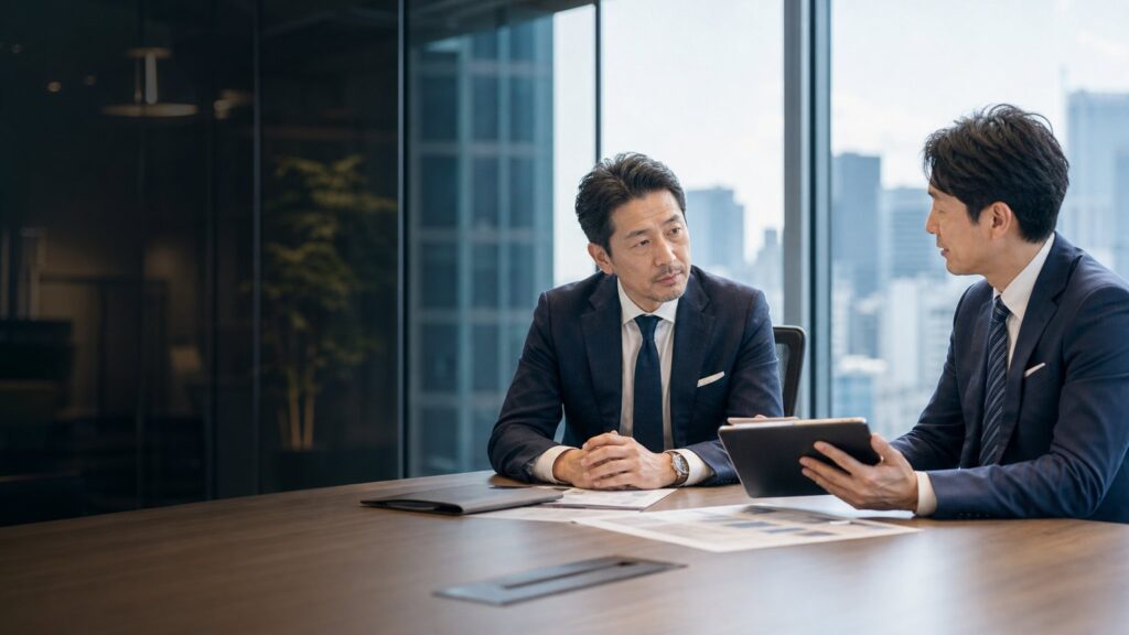 新橋周辺の会社売却・事業承継について相談する経営者とM&Aアドバイザー