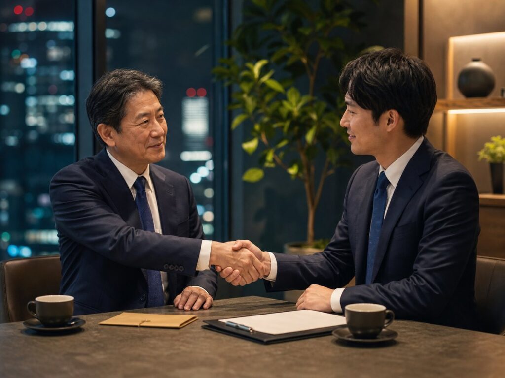 事業承継と会社譲渡の合意に向けて握手する経営者とアドバイザー