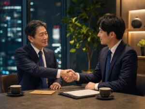 事業承継と会社譲渡の合意に向けて握手する経営者とアドバイザー