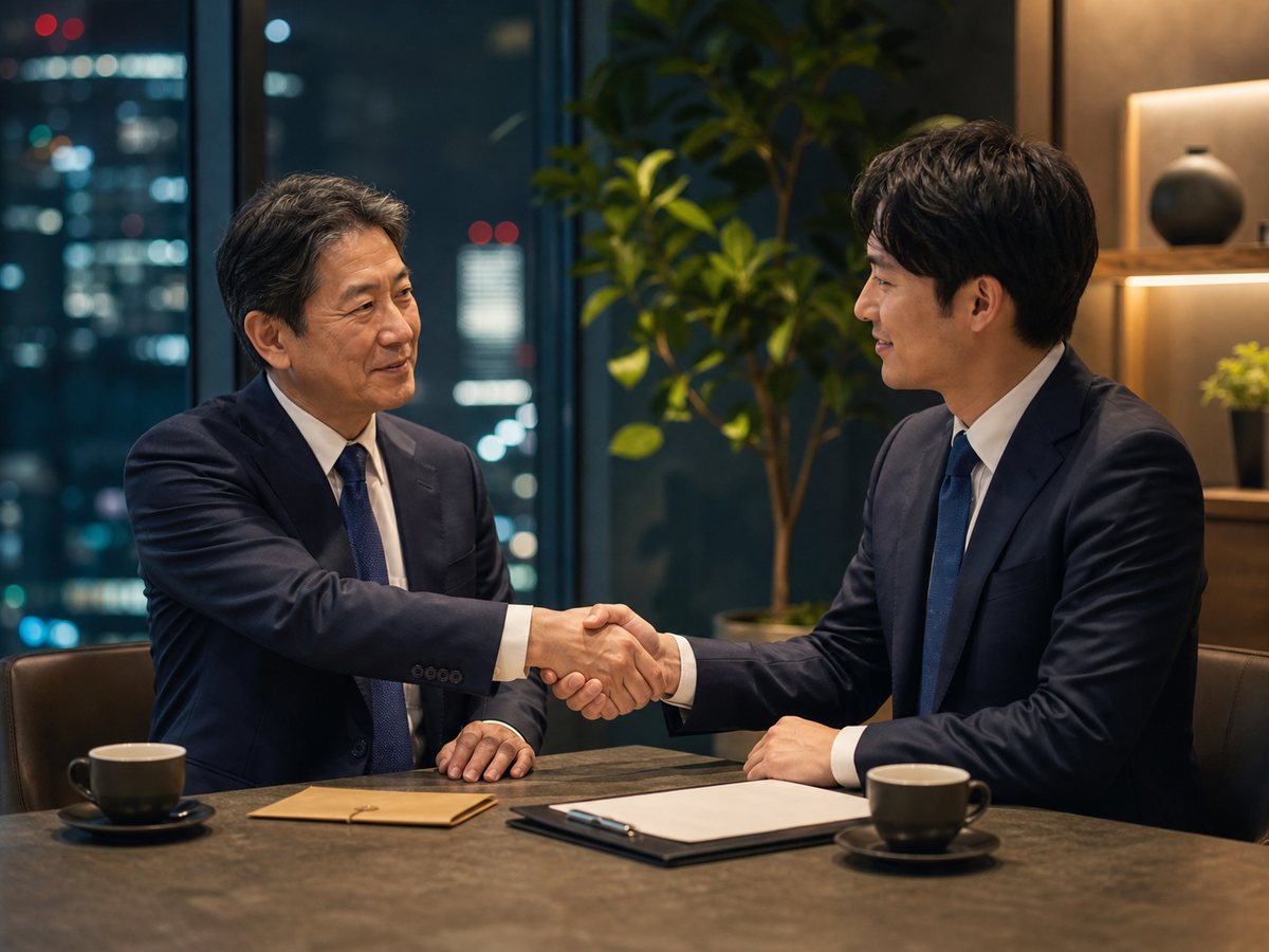 事業承継と会社譲渡の合意に向けて握手する経営者とアドバイザー