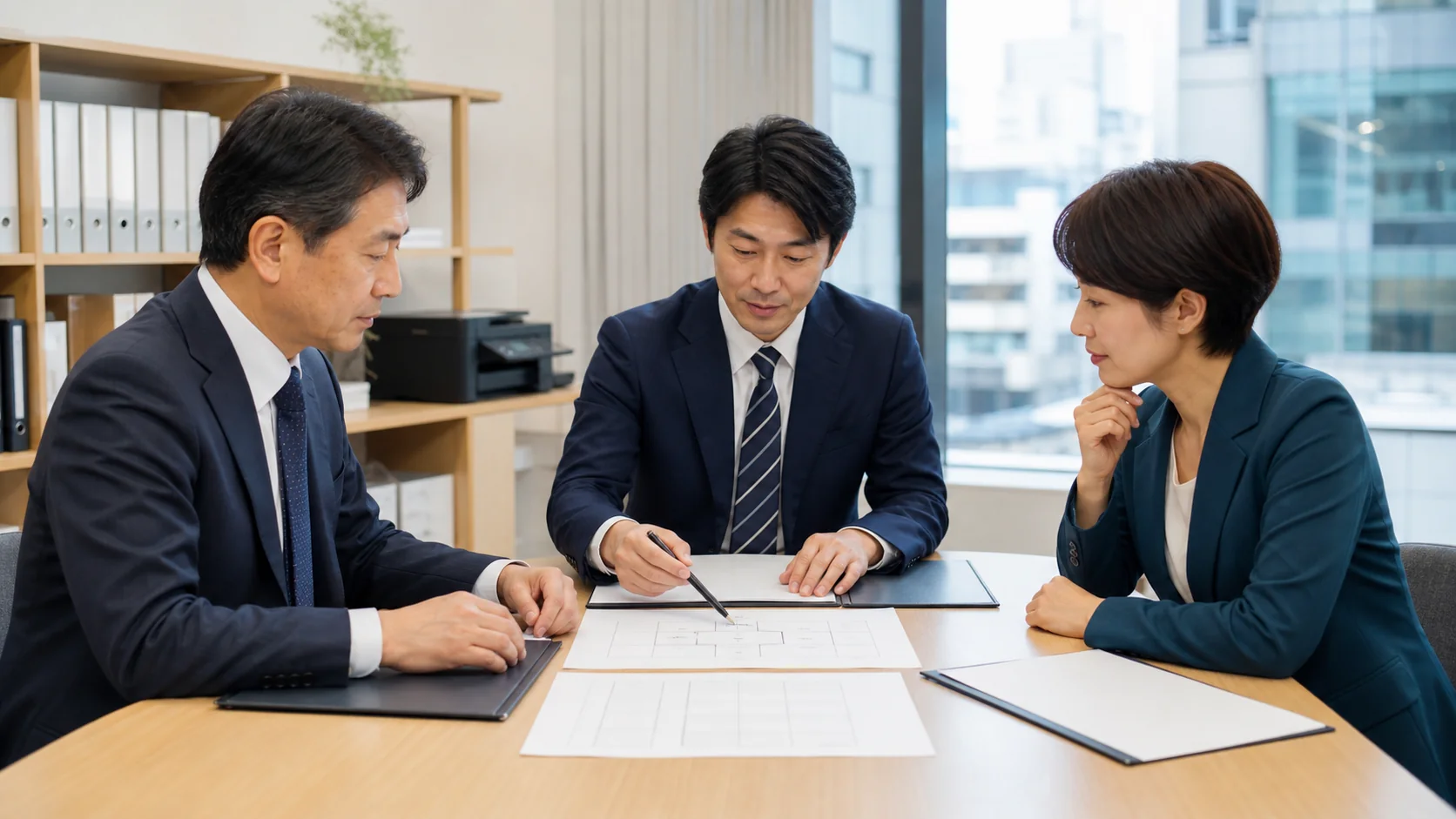 新橋の中小企業の経営者と承継計画を確認するM&A担当者のイメージ